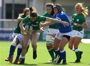 24 April 2021; Eve Higgins of Ireland is tackled by Veronica Madia and Erika Skofca of Italy during the Women's Six Nations Rugby Championship Play-off match between Ireland and Italy at Energia Park in Dublin. Photo by Matt Browne/Sportsfile