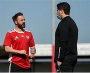 24 April 2021; Derry City coach Raffaele Cretaro, left, with Derry City manager Ruaidhri Higgins before the SSE Airtricity League Premier Division match between Sligo Rovers and Derry City at The Showgrounds in Sligo. Photo by Eóin Noonan/Sportsfile