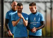 24 April 2021; Michael Duffy, left, and Darragh Leahy of Dundalk wear shirts in commemoration to the @SaveOurSonia campaign, raising funds for former Dundalk City player Sonia Hoey who is battling with cancer, before the SSE Airtricity League Premier Division match between Dundalk and Drogheda United at Oriel Park in Dundalk, Louth. Photo by Ben McShane/Sportsfile