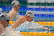 24 April 2021; Darragh Greene of National Centre Dublin, leads Eoin Corby of National Centre Limerick, left, and Andrew Feenan of National Centre Limerick in the 200 metre breaststroke on day five of the Irish National Swimming Team Trials at Sport Ireland National Aquatic Centre in the Sport Ireland Campus, Dublin. Photo by Brendan Moran/Sportsfile