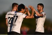 24 April 2021; Han Jeongwoo of Dundalk celebrates after scoring his side's second goal with team-mate Michael Duffy, right, during the SSE Airtricity League Premier Division match between Dundalk and Drogheda United at Oriel Park in Dundalk, Louth. Photo by Ben McShane/Sportsfile