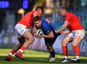24 April 2021; Jordan Larmour of Leinster in action against Damian de Allende, left, and Keith Earls of Munster during the Guinness PRO14 Rainbow Cup match between Leinster and Munster at the RDS Arena in Dublin. Photo by Sam Barnes/Sportsfile
