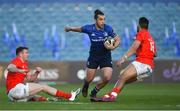 24 April 2021; James Lowe of Leinster in action against Chris Farrell, left, and Damian de Allende of Munster during the Guinness PRO14 Rainbow Cup match between Leinster and Munster at RDS Arena in Dublin. Photo by Piaras Ó Mídheach/Sportsfile