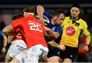 24 April 2021; Ed Byrne of Leinster is tackled by Chris Farrell, left, and Gavin Coombes of Munster during the Guinness PRO14 Rainbow Cup match between Leinster and Munster at the RDS Arena in Dublin. Photo by Sam Barnes/Sportsfile