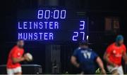 24 April 2021; A general view of the scoreboard, displaying the final score, in the closing stages of the Guinness PRO14 Rainbow Cup match between Leinster and Munster at RDS Arena in Dublin. Photo by Piaras Ó Mídheach/Sportsfile
