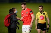 24 April 2021; Jack O'Donoghue of Munster is congratulated by Munster Communications Manager Fiona Murphy following his side's victory in the Guinness PRO14 Rainbow Cup match between Leinster and Munster at the RDS Arena in Dublin. Photo by Stephen McCarthy/Sportsfile