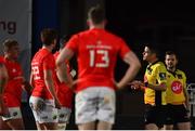 24 April 2021; Referee Chris Busby in conversation with Munster players following the final whistle of the Guinness PRO14 Rainbow Cup match between Leinster and Munster at the RDS Arena in Dublin. Photo by Sam Barnes/Sportsfile