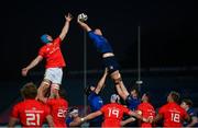 24 April 2021; Ross Molony of Leinster wins possession in the lineout against Tadhg Beirne of Munster during the Guinness PRO14 Rainbow Cup match between Leinster and Munster at the RDS Arena in Dublin. Photo by Stephen McCarthy/Sportsfile
