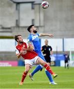 23 April 2021; David Webster of Finn Harps in action against Billy King of St Patrick's Athletic during the SSE Airtricity League Premier Division match between Finn Harps and St Patrick's Athletic at Finn Park in Ballybofey, Donegal. Photo by Piaras Ó Mídheach/Sportsfile