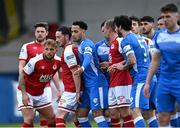 23 April 2021; Paddy Barrett of St Patrick's Athletic, second from left, awaits a corner during the SSE Airtricity League Premier Division match between Finn Harps and St Patrick's Athletic at Finn Park in Ballybofey, Donegal. Photo by Piaras Ó Mídheach/Sportsfile
