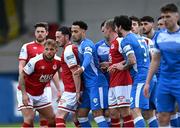 23 April 2021; Paddy Barrett of St Patrick's Athletic, second from left, awaits a corner during the SSE Airtricity League Premier Division match between Finn Harps and St Patrick's Athletic at Finn Park in Ballybofey, Donegal. Photo by Piaras Ó Mídheach/Sportsfile