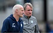 23 April 2021; Finn Harps manager Ollie Horgan, right, and Finn Harps assistant manager Paul Hegarty leave the pitch at half-time during the SSE Airtricity League Premier Division match between Finn Harps and St Patrick's Athletic at Finn Park in Ballybofey, Donegal. Photo by Piaras Ó Mídheach/Sportsfile