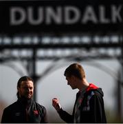 24 April 2021; Dundalk academy manager & coach Stephen McDonnell, left, and Daniel Kelly of Dundalk before the SSE Airtricity League Premier Division match between Dundalk and Drogheda United at Oriel Park in Dundalk, Louth. Photo by Ben McShane/Sportsfile