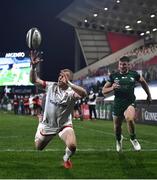 23 April 2021; Will Addison of Ulster fails to gather possession in the lead up to Peter Sullivan of Connacht scoring their side's fourth try during the Guinness PRO14 Rainbow Cup match between Ulster and Connacht at Kingspan Stadium in Belfast. Photo by David Fitzgerald/Sportsfile
