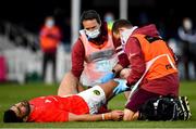 24 April 2021; Damian de Allende of Munster receives treatment after picking up an injury during the Guinness PRO14 Rainbow Cup match between Leinster and Munster at RDS Arena in Dublin. Photo by Sam Barnes/Sportsfile