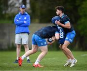 27 April 2021; Hugo Keenan, right, James Tracy and Leinster head coach Leo Cullen, left, during Leinster rugby squad training at UCD in Dublin. Photo by Stephen McCarthy/Sportsfile