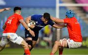 24 April 2021; Dan Sheehan of Leinster is tackled by Tadhg Beirne, right, and Conor Murray of Munster during the Guinness PRO14 Rainbow Cup match between Leinster and Munster at RDS Arena in Dublin. Photo by Piaras Ó Mídheach/Sportsfile