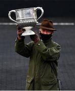 27 April 2021; Trainer Willie Mullins celebrates with the cup after sending out Chacun Pour Soi to win the William Hill Champion Steeplechase during day one of the Punchestown Festival at Punchestown Racecourse in Kildare. Photo by David Fitzgerald/Sportsfile