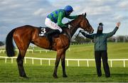 28 April 2021; Jockey Derek O'Connor and groom Rachel Robbins celebrate with Kilcruit after winning the ITM Champion INH Flat Race during day two of the Punchestown Festival at Punchestown Racecourse in Kildare. Photo by David Fitzgerald/Sportsfile