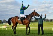 28 April 2021; Jockey Derek O'Connor and groom Rachel Robbins celebrate with Kilcruit after winning the ITM Champion INH Flat Race during day two of the Punchestown Festival at Punchestown Racecourse in Kildare. Photo by David Fitzgerald/Sportsfile