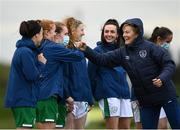28 April 2021; Manager Vera Pauw fist bumps Shaunna Brennan as she meets her players before a Republic of Ireland WNT home-based training session at the FAI National Training Centre in Abbotstown, Dublin. Photo by Harry Murphy/Sportsfile