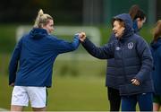 28 April 2021; Manager Vera Pauw fist bumps Saoirse Noonan during a Republic of Ireland WNT home-based training session at the FAI National Training Centre in Abbotstown, Dublin. Photo by Harry Murphy/Sportsfile