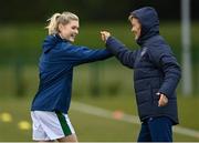 28 April 2021; Manager Vera Pauw fist bumps Eabha O'Mahony during a Republic of Ireland WNT home-based training session at the FAI National Training Centre in Abbotstown, Dublin. Photo by Harry Murphy/Sportsfile