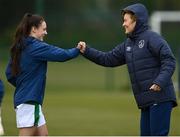 28 April 2021; Manager Vera Pauw fist bumps Jessica Ziu during a Republic of Ireland WNT home-based training session at the FAI National Training Centre in Abbotstown, Dublin. Photo by Harry Murphy/Sportsfile