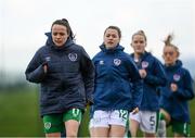 28 April 2021; Aine O'Gorman leads the warm-up during a Republic of Ireland WNT home-based training session at the FAI National Training Centre in Abbotstown, Dublin. Photo by Harry Murphy/Sportsfile