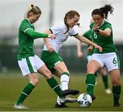 28 April 2021; Aoibheann Clancy, centre, in action against Eabha O'Mahony and Dora Gorman during a Republic of Ireland WNT home-based training session at the FAI National Training Centre in Abbotstown, Dublin. Photo by Harry Murphy/Sportsfile