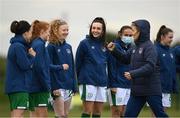 28 April 2021; Therese Kinneavey and Chloe Singleton, centre, meet manager Vera Pauw during a Republic of Ireland WNT home-based training session at the FAI National Training Centre in Abbotstown, Dublin. Photo by Harry Murphy/Sportsfile