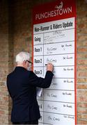 29 April 2021; Michael Doyle writes the rider updates prior to racing on day three of the Punchestown Festival at Punchestown Racecourse in Kildare. Photo by Harry Murphy/Sportsfile