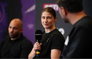 29 April 2021; Katie Taylor during a press conference at the Matchroom Boxing fight hotel in Manchester, England, ahead of her WBC, WBA, IBF and WBO female lightweight title fight against Natasha Jonas on Saturday Night. Photo by Mark Robinson / Matchroom Boxing via Sportsfile