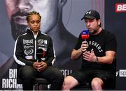29 April 2021; Natasha Jonas and trainer Joe Gallagher during a press conference at the Matchroom Boxing fight hotel in Manchester, England, ahead of her WBC, WBA, IBF and WBO female lightweight title fight against Katie Taylor on Saturday night. Photo by Mark Robinson / Matchroom Boxing via Sportsfile