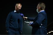 24 April 2021; Leinster head coach Leo Cullen is interviewed by Leinster Senior Communications & Media Manager Marcus Ó Buachalla for Leinster Rugby TV following the Guinness PRO14 Rainbow Cup match between Leinster and Munster at the RDS Arena in Dublin. Photo by Stephen McCarthy/Sportsfile