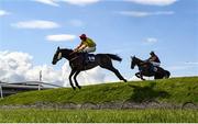29 April 2021; Singing Banjo, left, with Barry John Walsh, jumps Ruby's Double on their way to winning the Mongey Communications La Touche Cup Cross Country Steeplechase during day three of the Punchestown Festival at Punchestown Racecourse in Kildare. Photo by Harry Murphy/Sportsfile