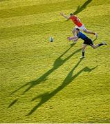 24 April 2021; Rory O'Loughlin of Leinster in action against Chris Farrell of Munster during the Guinness PRO14 Rainbow Cup match between Leinster and Munster at the RDS Arena in Dublin. Photo by Stephen McCarthy/Sportsfile