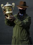 29 April 2021; Trainer Willie Mullins celebrates with the trophy after sending out Klassical Dream to win the Ladbrokes Champion Stayers Hurdle during day three of the Punchestown Festival at Punchestown Racecourse in Kildare. Photo by Harry Murphy/Sportsfile