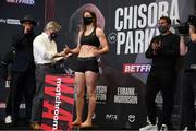 30 April 2021; Katie Taylor weighs in, at the Matchroom Boxing fight hotel in Manchester, England, ahead of her WBC, WBA, IBF and WBO female lightweight title fight on Saturday Night against Natasha Jonas. Photo by Dave Thompson / Matchroom Boxing via Sportsfile