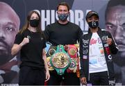 30 April 2021; Katie Taylor and Natasha Jonas square off, in the company of promoter Eddie Hearn, at the Matchroom Boxing fight hotel in Manchester, England, ahead of their WBC, WBA, IBF and WBO female lightweight title fight on Saturday Night. Photo by Mark Robinson / Matchroom Boxing via Sportsfile