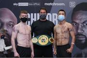 30 April 2021; James Tennyson and Jovanni Straffon, in the company of promoter Eddie Hearn, at the Matchroom Boxing fight hotel in Manchester, England, ahead of their IBO world lightweight title bout. Photo by Mark Robinson / Matchroom Boxing via Sportsfile