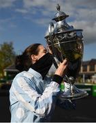 30 April 2021; Jockey Rachael Blackmore celebrates with the cup after winning the Paddy Power Champion Hurdle on Honeysuckle during day four of the Punchestown Festival at Punchestown Racecourse in Kildare. Photo by Harry Murphy/Sportsfile