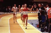 30 January 1987; Eamonn Coghlan celebrates as he crosses the line, ahead of Marcus O'Sullivan, to win the Wanamaker Mile at the Milrose Games in Madison Square Garden in New York, USA. Photo by Ray McManus/Sportsfile