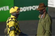 30 April 2021; Jockey Paul Townend with trainer Willie Mullins after riding Gaillard Du Mesnil to win the Alanna Homes Champion Novice Hurdle during day four of the Punchestown Festival at Punchestown Racecourse in Kildare. Photo by Harry Murphy/Sportsfile