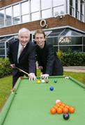 10 February 2004; Gerry McQuaid, Commercial Director for O2 Ireland with Irish Snooker ace Ken Doherty who was in Dublin to annouce details of the O2 World Snooker Re-match series. The series will see Doherty taking on world number one Mark Williams in a series of five challenge games at venues around the country, with the first game taking place in Tralee on Monday, 16th February. O2, Burlington Road, Dublin. Picture credit; Ray McManus / SPORTSFILE *EDI*