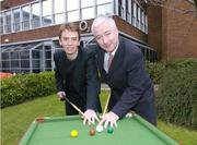 10 February 2004; Gerry McQuaid, Commercial Director for O2 Ireland with Irish Snooker ace Ken Doherty who was in Dublin to annouce details of the O2 World Snooker Re-match series. The series will see Doherty taking on world number one Mark Williams in a series of five challenge games at venues around the country, with the first game taking place in Tralee on Monday, 16th February. O2, Burlington Road, Dublin. Picture credit; Ray McManus / SPORTSFILE *EDI*