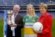 2 February 2004; Niall O'Gorman, left, General Manager of Suzuki Ireland, with Cathriona Comerford, Offaly and Geraldine Giles, right, President of the Ladies Gaelic Football Association, at the launch of the 2004 Suzuki Ladies National Football League, Croke Park, Dublin. Picture credit; David Maher / SPORTSFILE *EDI*