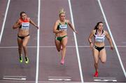 11 July 2013; Team Ireland's Catherine McManus on the way to finishing 7th in the Women's 100m semi-final alongside 6th place Rebekka Hasse, Germany, left, and 4th place Rachel Johncock, Great Britain, right. European Athletics U23 Championships, Tampere, Finland. Photo by Sportsfile