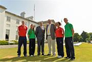 12 July 2013; Chief Executive of Basketball Ireland Bernard O'Byrne, middle right, with England coach Simon Fisher, middle left, and team captains, from left, Liam Carpenter, Edel Thornton, Parris Wilkinson and Sean Flood during a visit by the Irish and English U17 Girls and Boys Basketball Squads to Áras an Uachtaráin. Áras an Uachtaráin, Phoenix Park, Dublin. Picture credit: Matt Browne / SPORTSFILE