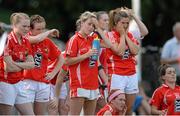 13 July 2013; Players on the Cork bench react during the final moment of the second half. TG4 Ladies Football Munster Senior Championship Final, Kerry v Cork, Castletownroche, Cork. Picture credit: Diarmuid Greene / SPORTSFILE